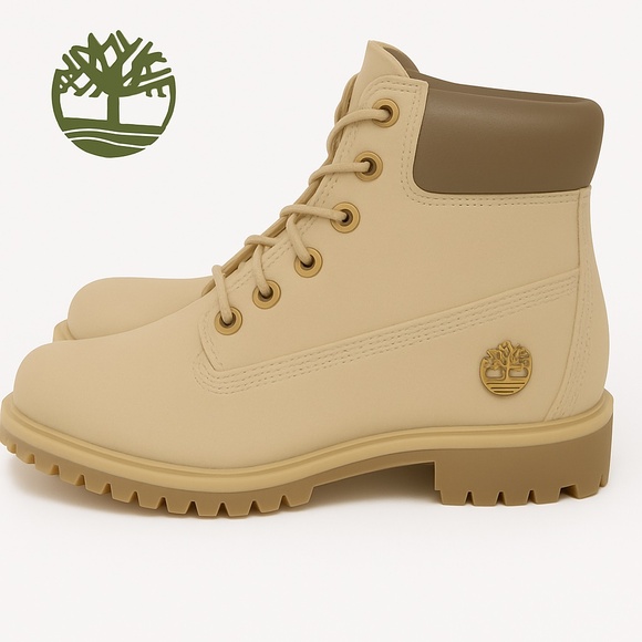 WOMEN'S TIMBERLAND UNIQUE WATERPROOF BOOTS. NATURAL WITH BRONZE LOGO AND PADDING - Picture 1 of 13